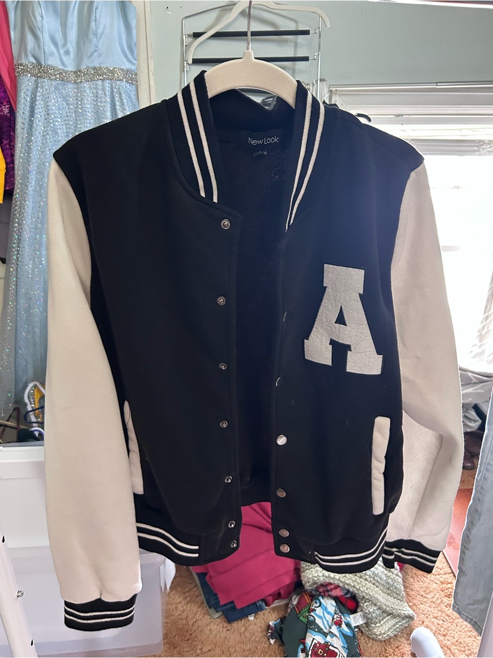 New Look Black and Cream-Trim Varsity Jacket